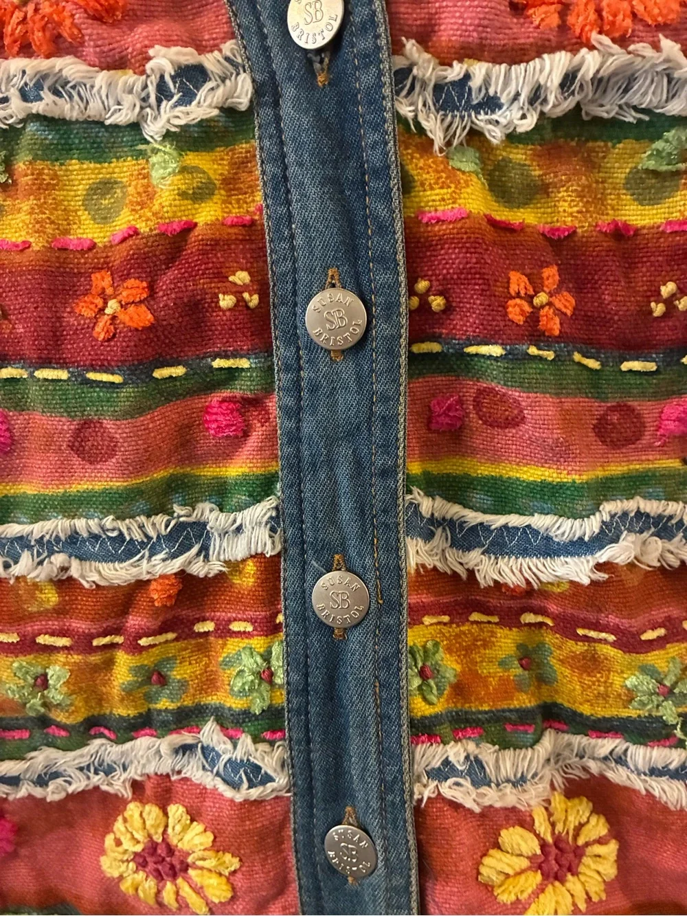 Susan Bristol Multicolor Embroidered Denim-Trim Vest